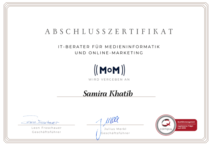 Abschlusszertifikat - IT-Berater für Medieninformatik und Online-Marketing